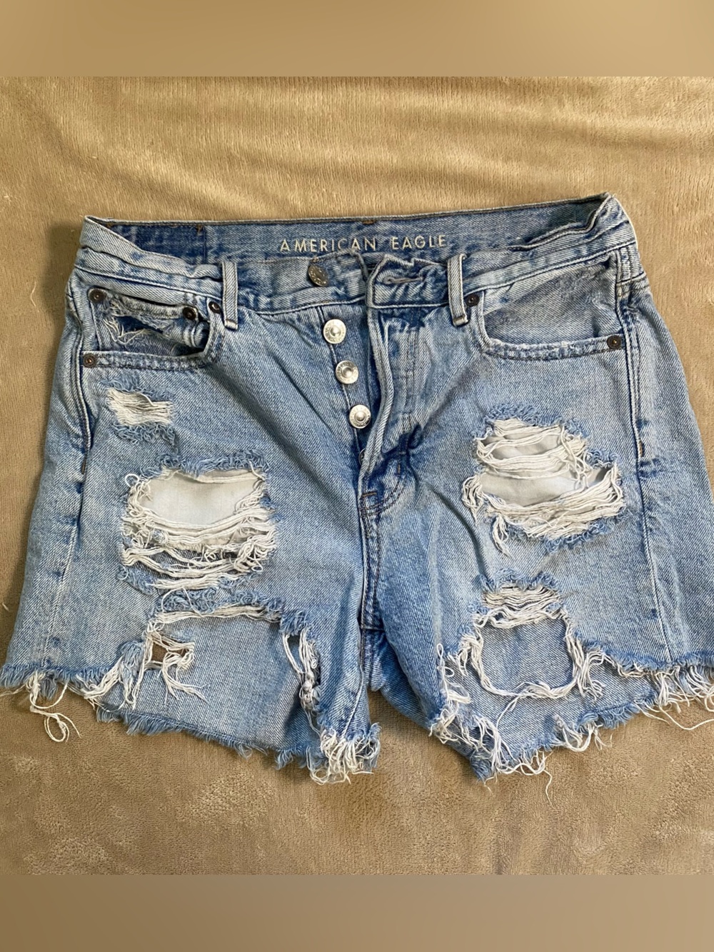 American Eagle Outfitters Light Blue Ripped High-Rise Denim Shorts